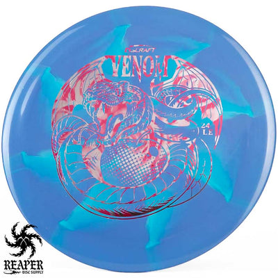 Discraft ESP Swirl Venom 167g-169g Blurple/Aqua w/Pink Rose Stamp